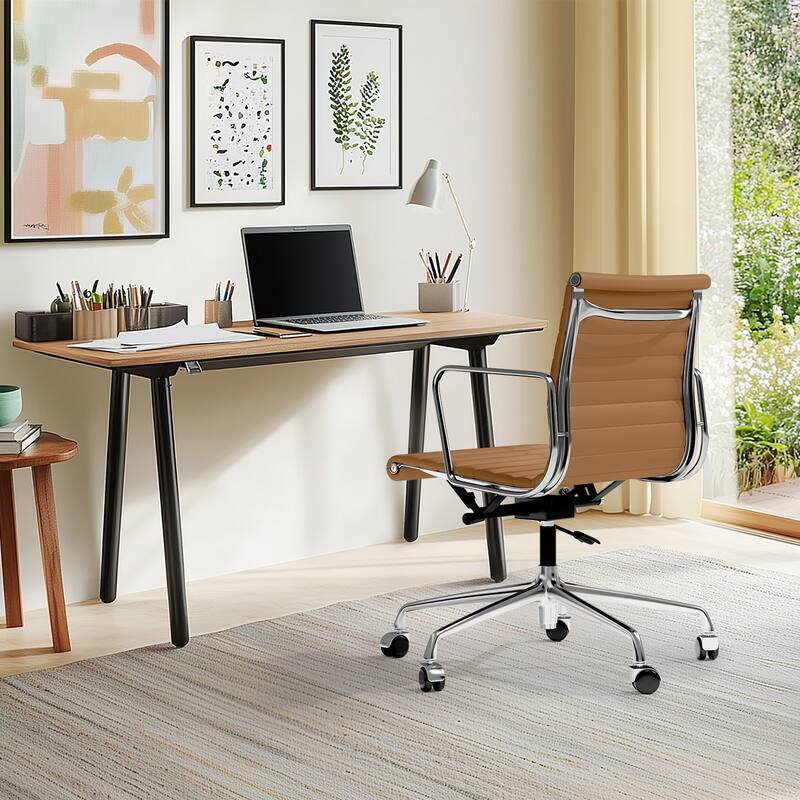 Genuine Leather Office Chair with Chrome Frame Adjustable Swivel Chair
