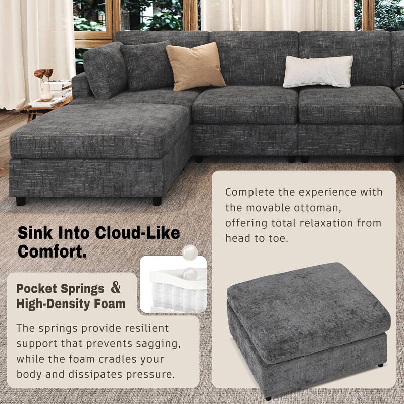 127 Inch U-Shaped Sectional Sofa with Movable Ottoman, 6-Piece Chenille Fabric Modular Couch with Pine Wood Frame