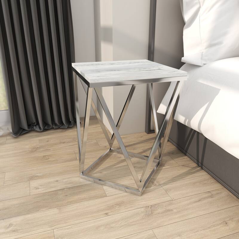 Silver Stainless Steel Accent Table with Marble Top - 18 x 18 x 21