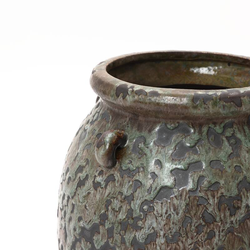 Antiqued Terracotta Jar Vase, Rustic 14.17" Green & Brown Flower Holder