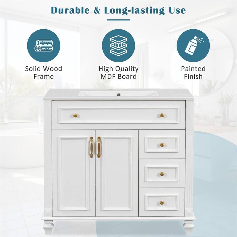 36" Bathroom Vanity with Ceramic Sink, Freestanding Bathroom Vanity Cabinet with Flip-Out Drawer, 3 Drawers & 2 Soft-Close Doors