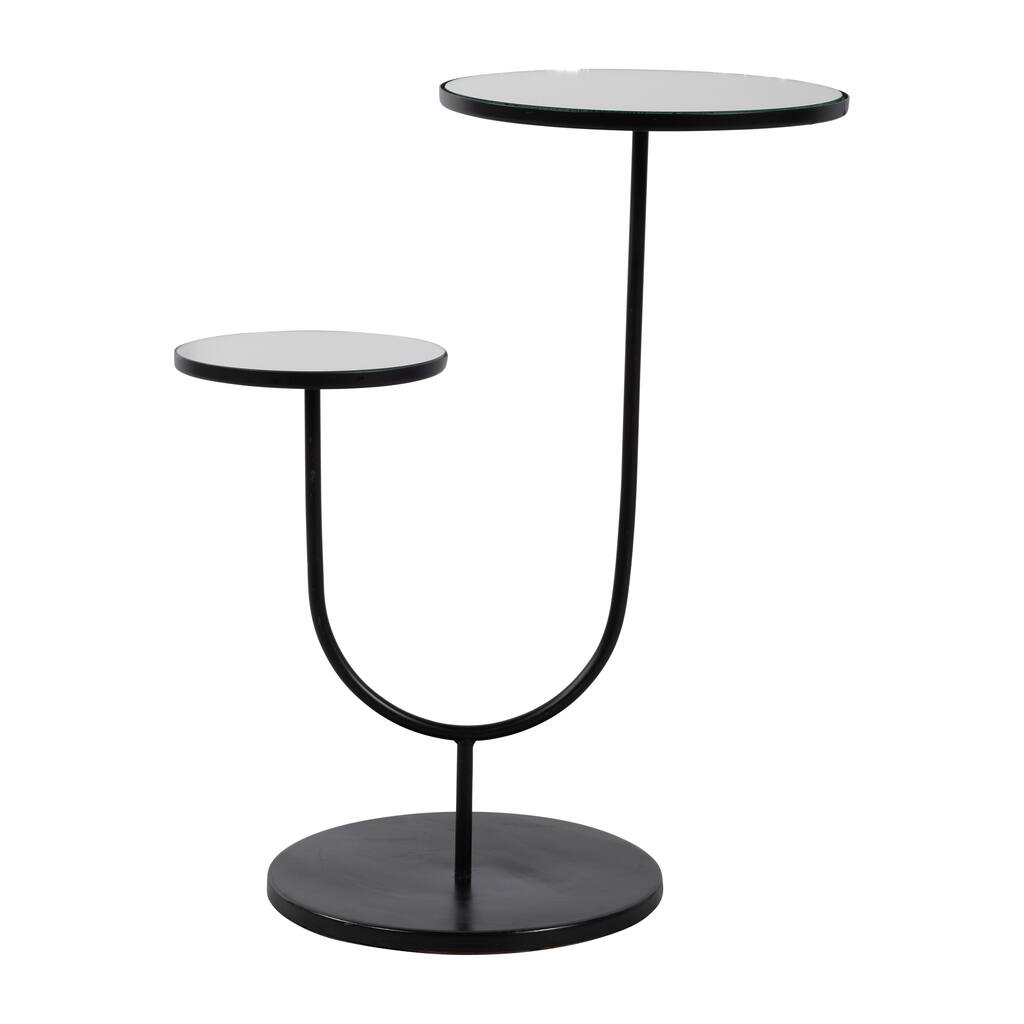 25"H Black Iron 2-Tiered Accent Side Table with Mirror Top and curved Base in an Abstract, Modern, Contemporary Design