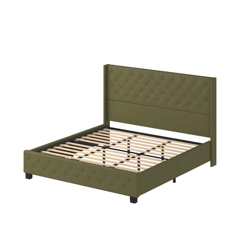 King Size Olive Green Leather Upholstered Platform Bed with Extra Tall 52.8" Tufted Wingback Headboard Bed Frame