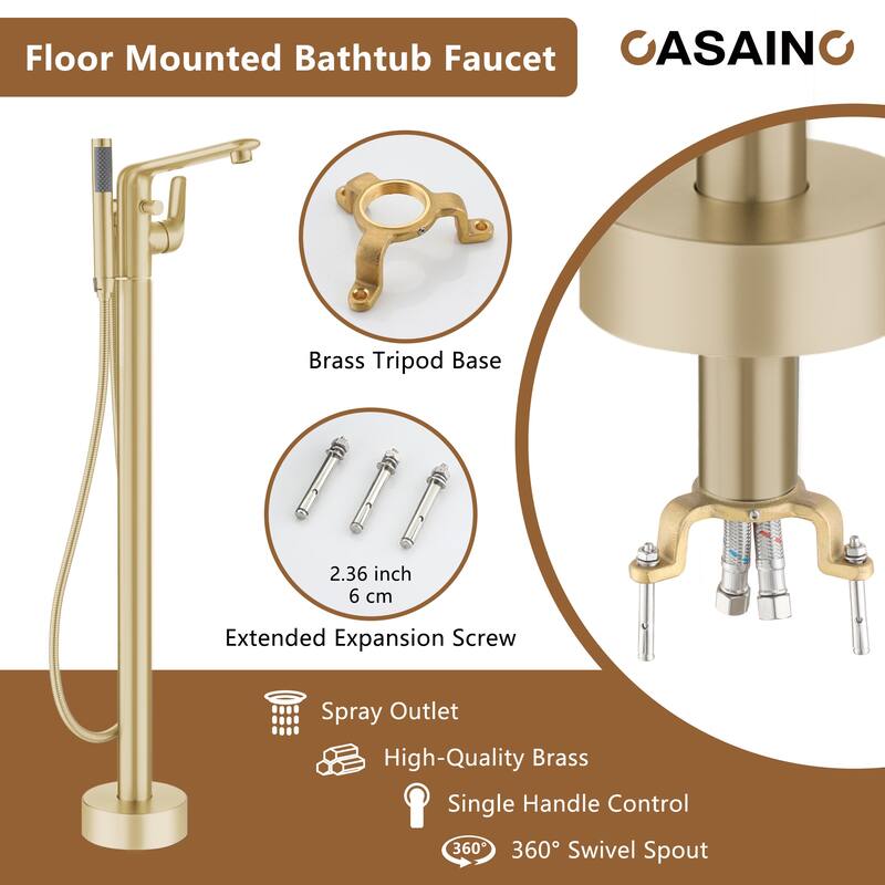 CASAINC Single-Handle Freestanding Floor-Mount Roman Tub Faucet with Handheld Shower