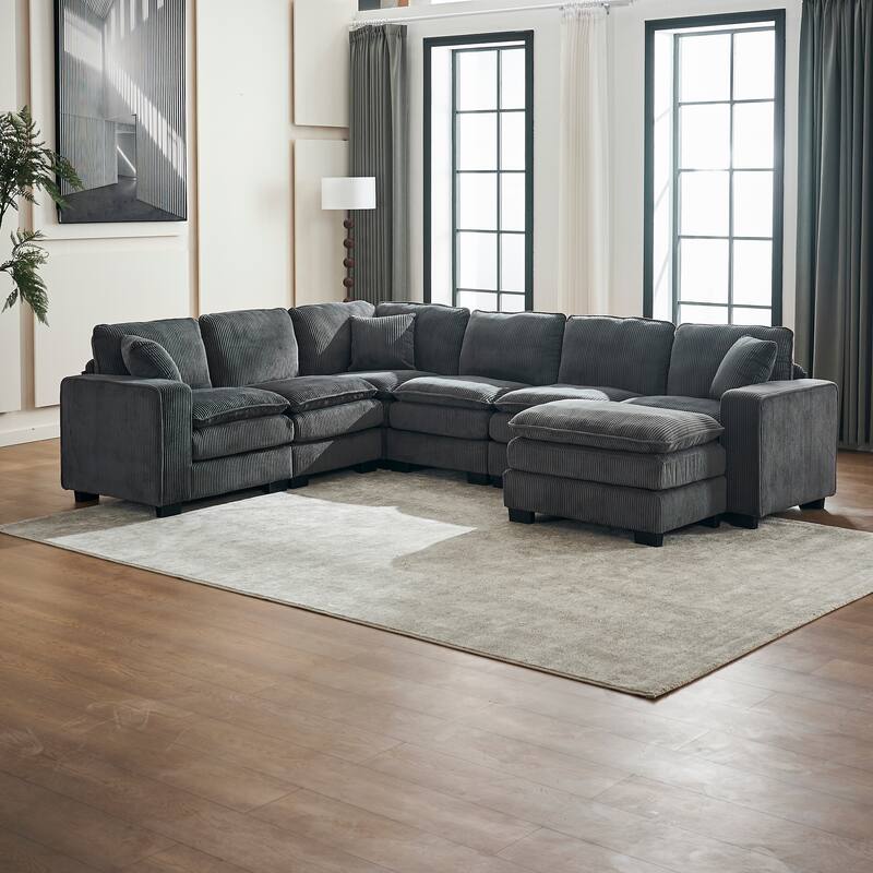 Corduroy Upholstered U-shaped Chaise Sectional Sofa Modular Sleeper Sofa Bed Deep Seat Couch with Ottoman and Pillows