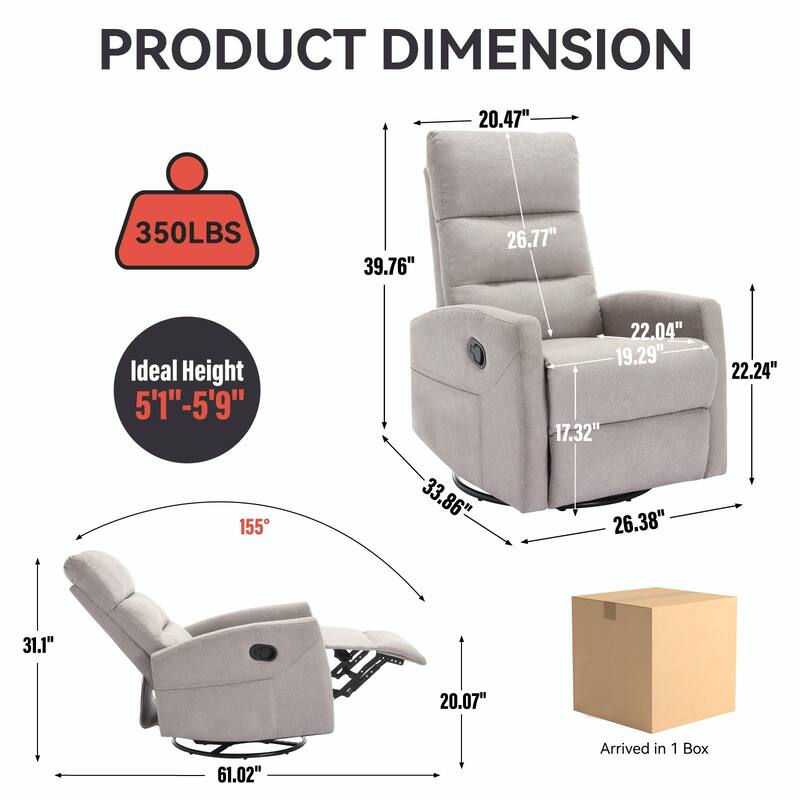 Manual Recliner Chair with Rocker and Swivel in Fabric for Living Room