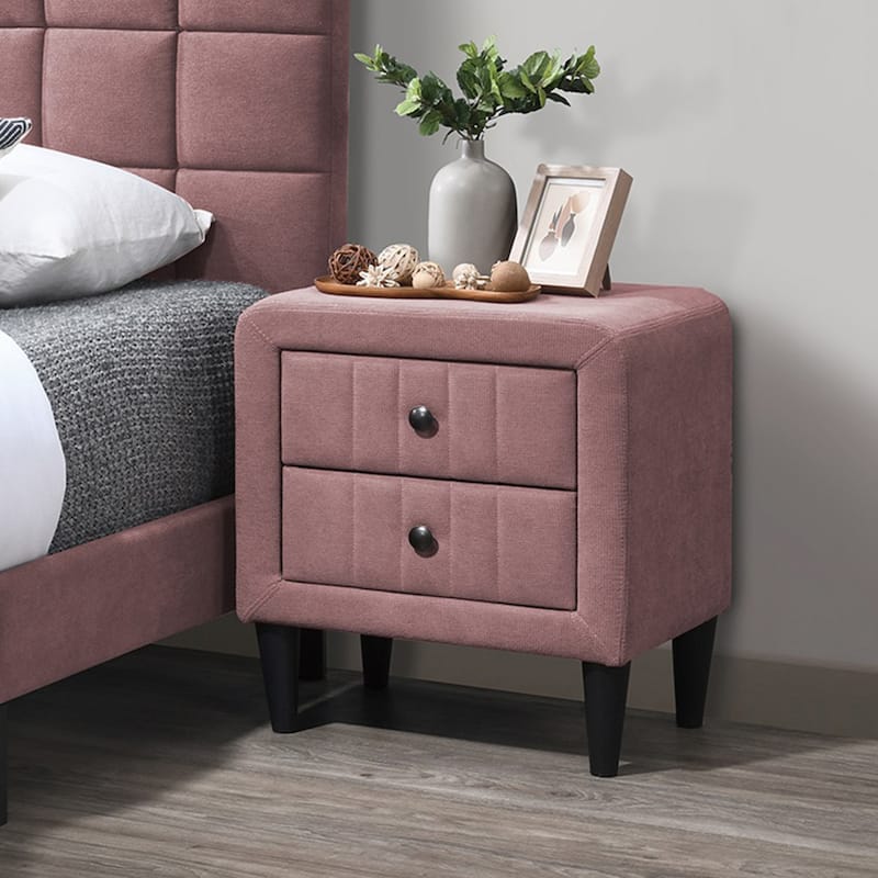 2 Drawers Brushed Linen Fabric Nightstand with Tapered Shape Legs