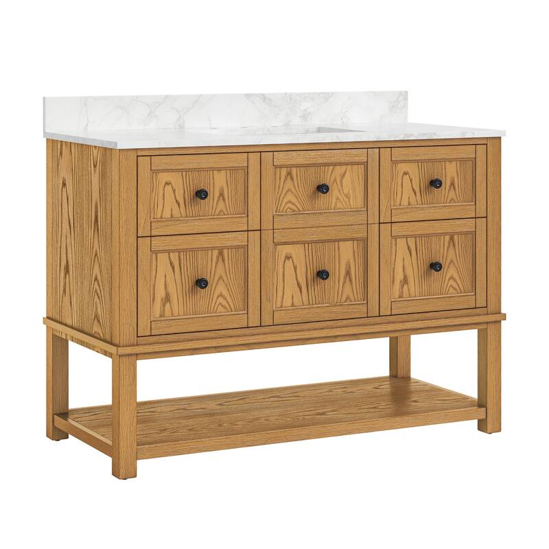48 Inch Single Bathroom Vanity with 6 Drawers, Marble Top Bathroom Vanity with Sink in White