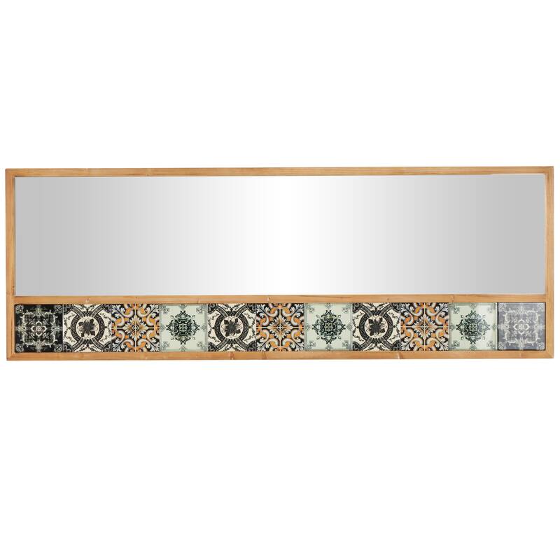 Brown Wood Floral Room Wall Mirror with Patterned Mosaic Tile Edge