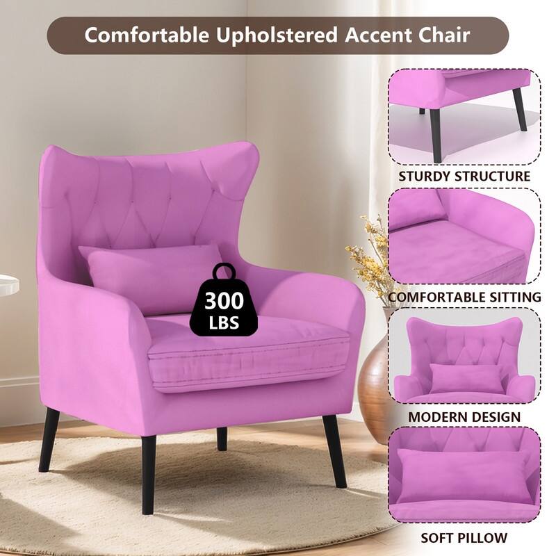 Velvet Accent Chair Upholstered Comfy Thick Cushion For Living Room - Pink