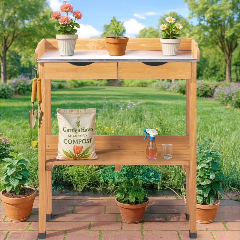 Natural Wood Potting Bench with Metal Top and 2 Drawers Lower Shelf and Hooks for Gardening - 29.8” x 14.6” x 36.4”