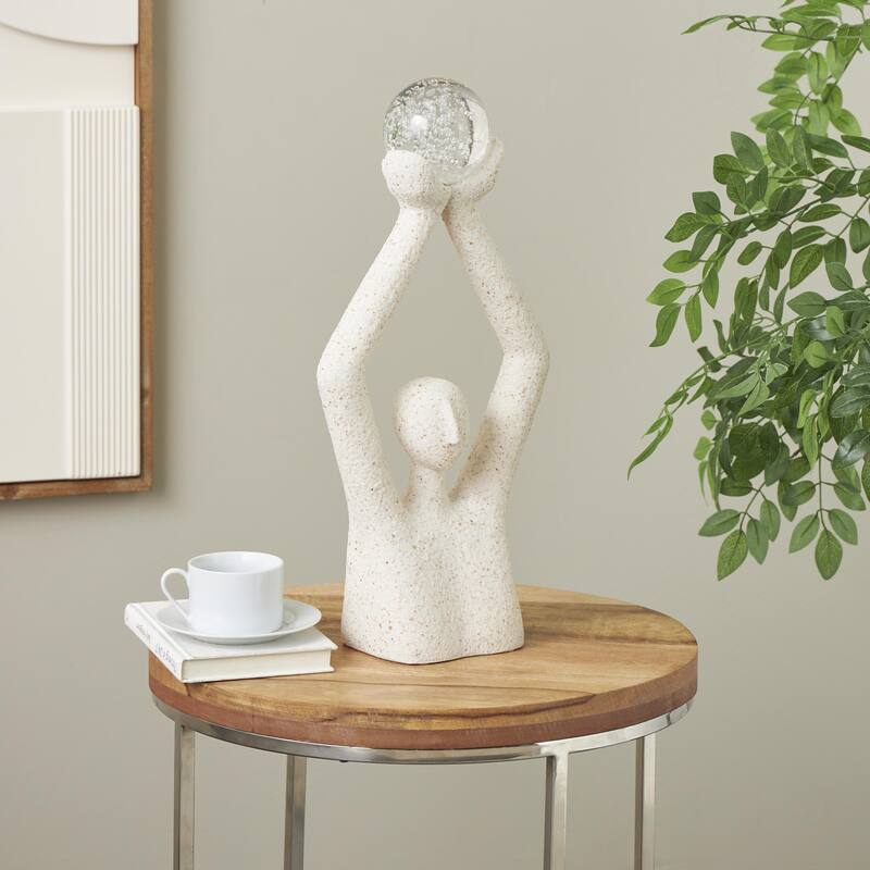 Polystone People Abstract Textured Decorative Sculpture with Clear Glass Ball and Gold Speckles - Cream - Roche River Decor