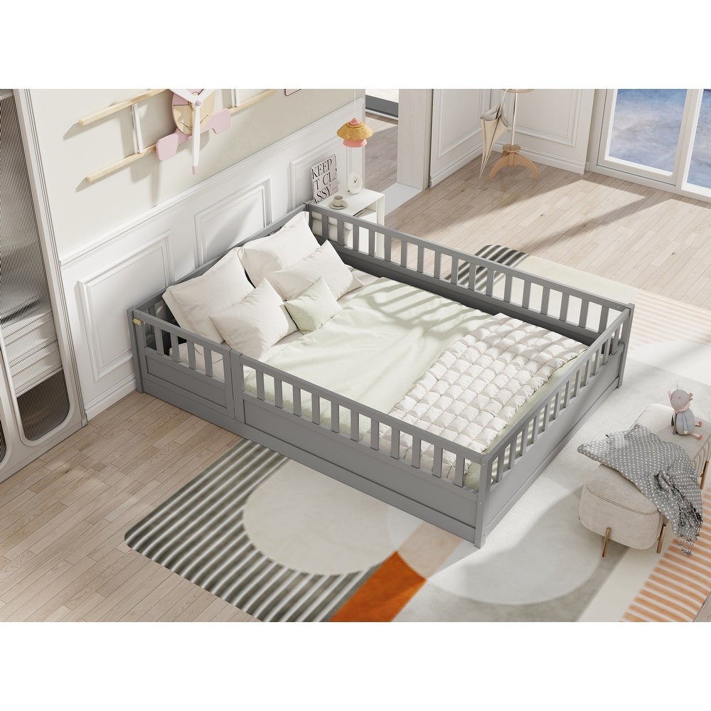 Twin/Full Size Montessori Floor Bed, Solid Pine French Platform Bed Frame with Fence and Door