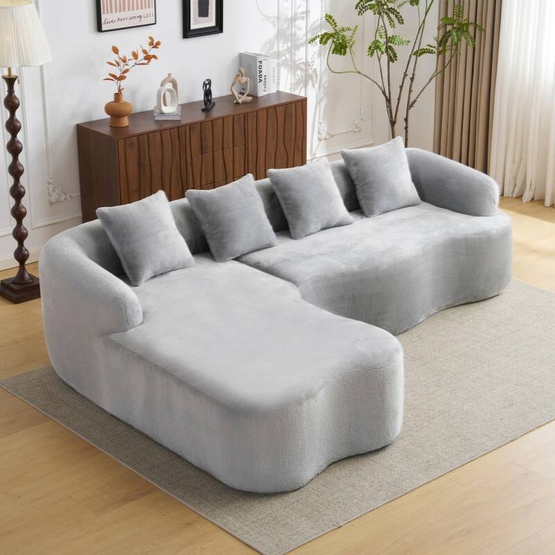 L-Shape Sectional Sofa with Curved Chaise, Beige Modular Chenille Couch - Grey