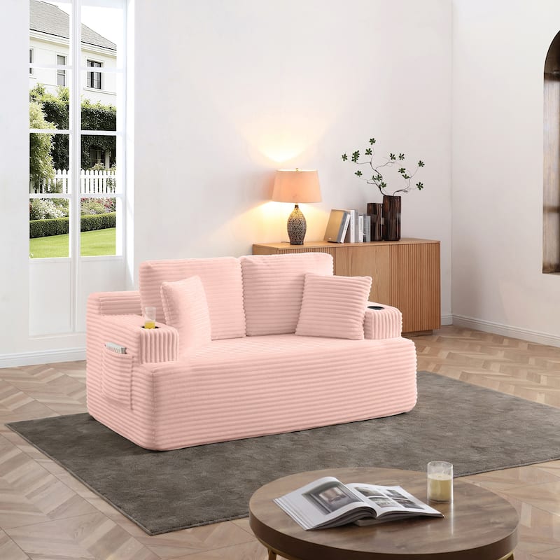 66.5'' Boneless Sofa Couch with 2 Pillows, 2 Seater Sofa Couch Upholstered Loveseat with Side Pocket, Pink