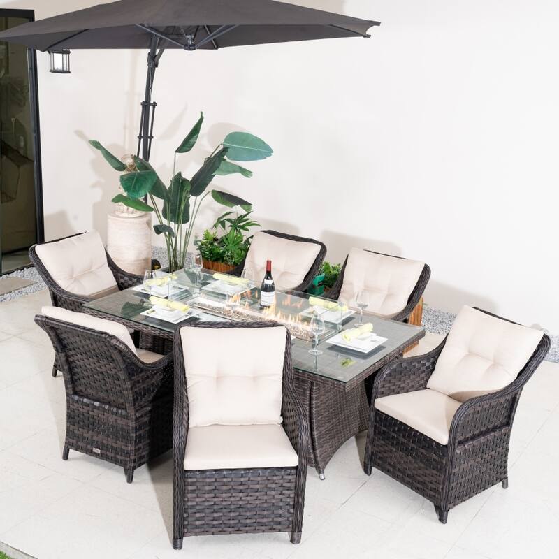 Outdoor Patio Premium Aluminum Fire Pit Table Set with PE Rattan Chairs