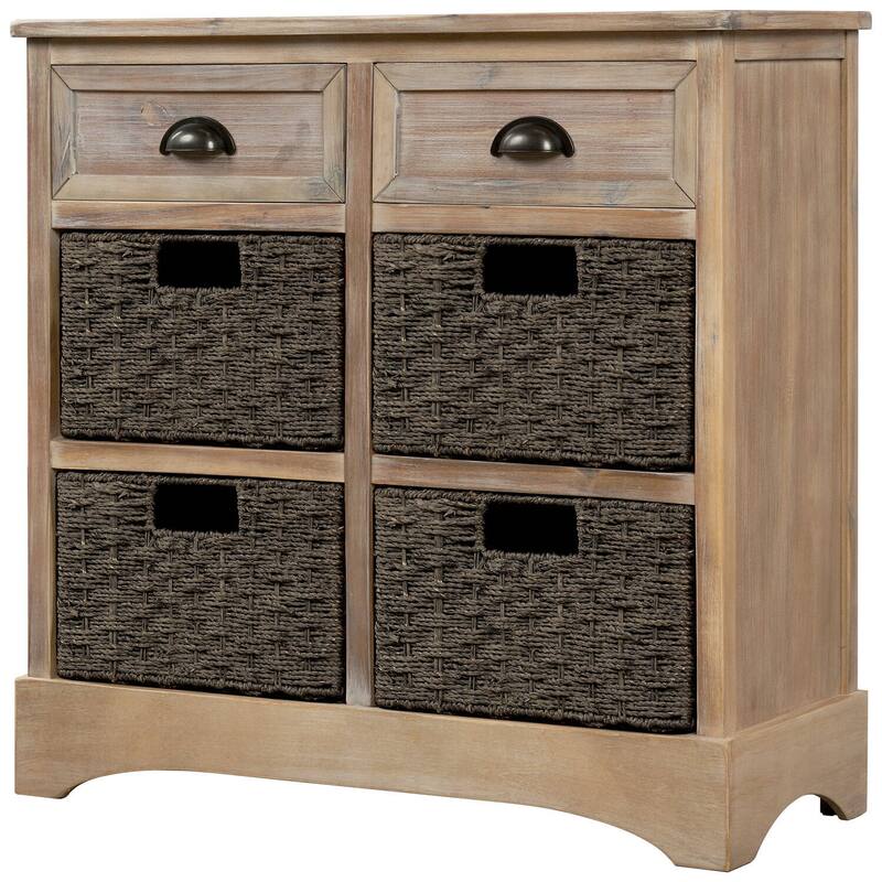 Rustic Storage Cabinet with Two Drawers and Four Classic Rattan Basket