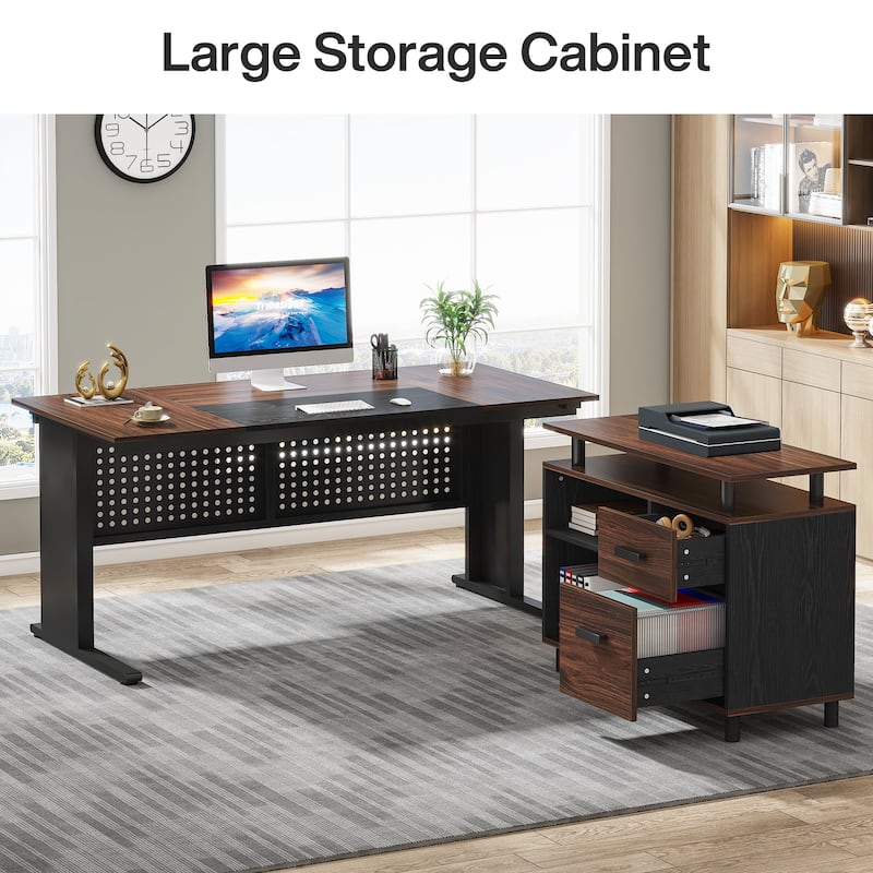 63 Inch Executive Desk with File Cabinet, L Shaped Desk with Drawers and Shelves for Home Office