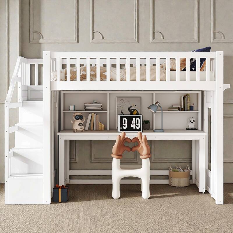 Loft Bed with Movable Desk, Storage Stairs & Shelves, Solid Wood Twin/Full High Loft Bed with Study Area & Safety Guardrails