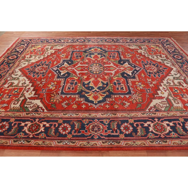 Hand Knotted Oriental 100% Wool Carpet Traditional Medallion Oranges & Rust Heriz (serapi) Area Rug - 11' 10'' X 9' 1''