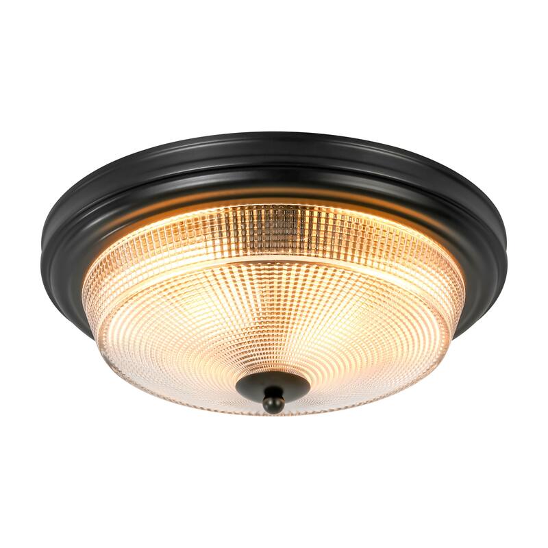2-Light Modern Vintage Black Cone Textured Prismatic Glass Flush Mount Light - 14.5 in. W x 6.6 in. H