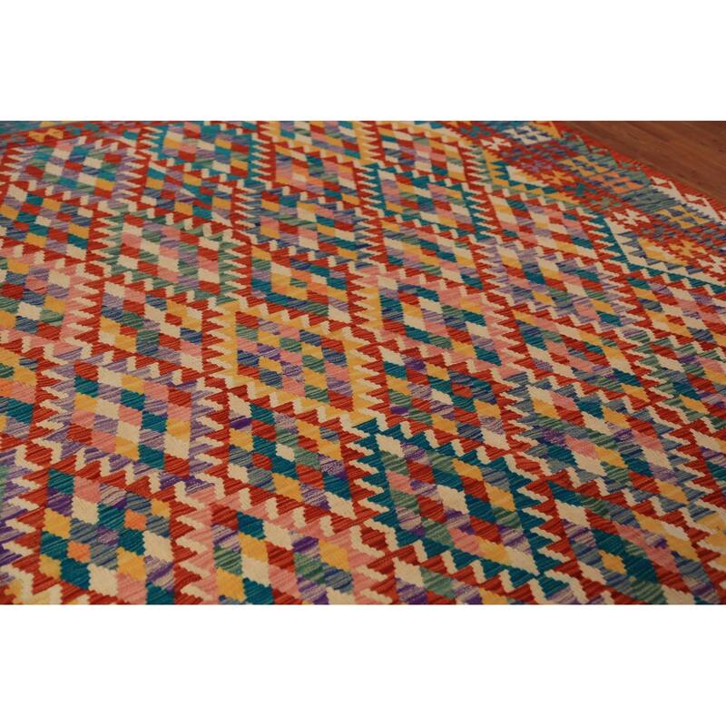 Geometric Kilim Oriental Rug Hand-Woven Multi-Color Wool Carpet - 8'5"x 9'9"