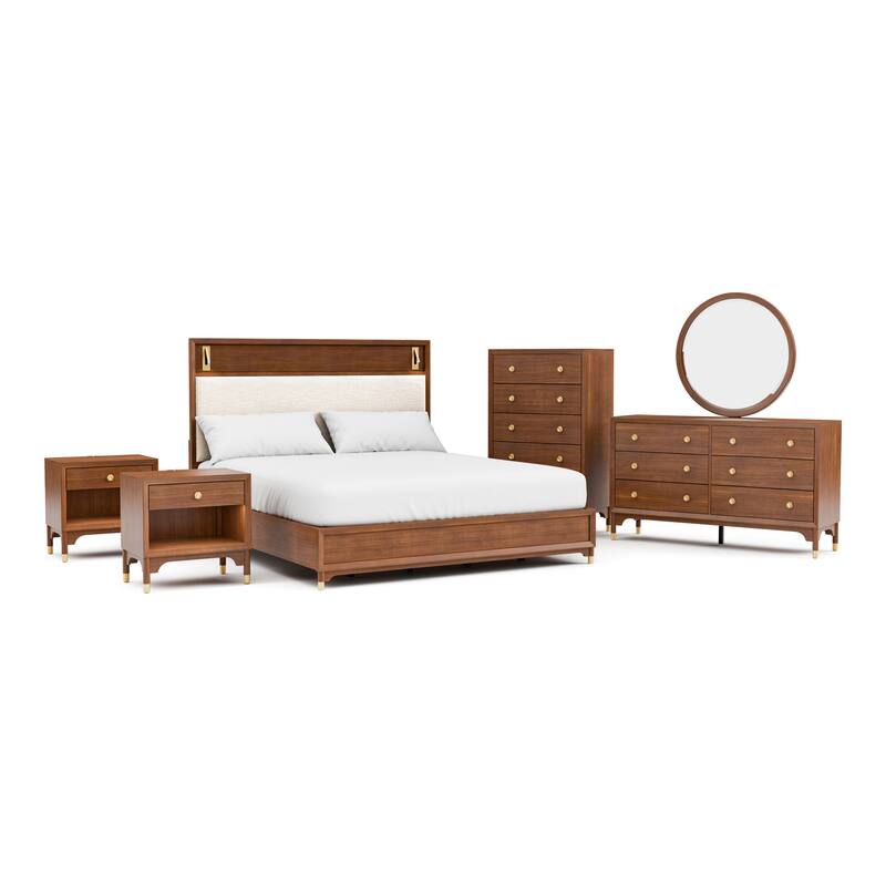 Furniture of America Forma Mid-Century Modern 6-Piece Walnut Solid Wood Platform Bedroom Set
