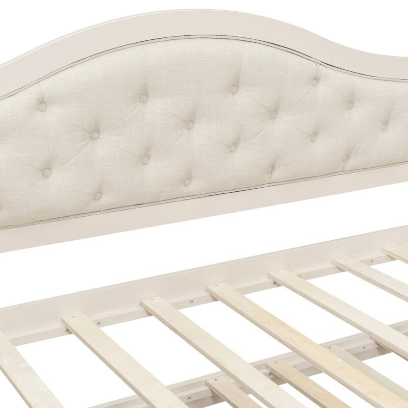 Wooden Frame Day Bed, Twin Size Daybed with Trundle Bed, Upholstered Tufted Button Backrest Sofa Bed with 2 Storage Drawers