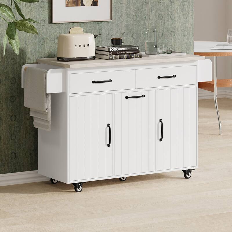 Kitchen Island with Trash Can Storage Cabinet,with Drop Leaf, Spice Rack, Towel Rack and Drawer, Rolling Kitchen Island on Wheel
