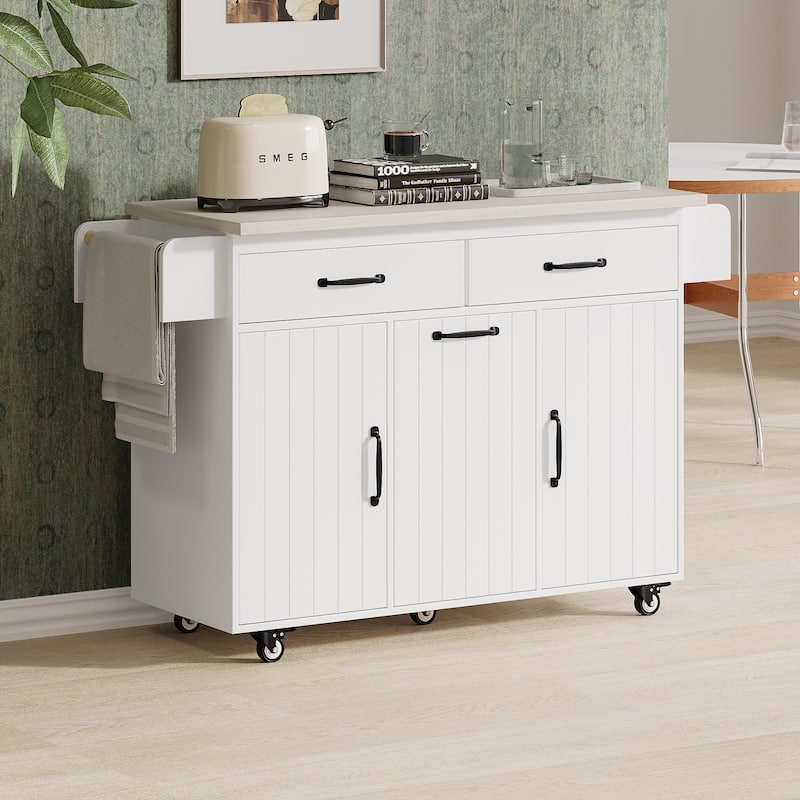 Roomfitters Kitchen Island with Trash Can Storage Cabinet, Drop Leaf, Spice Rack, Rolling Island on Wheels