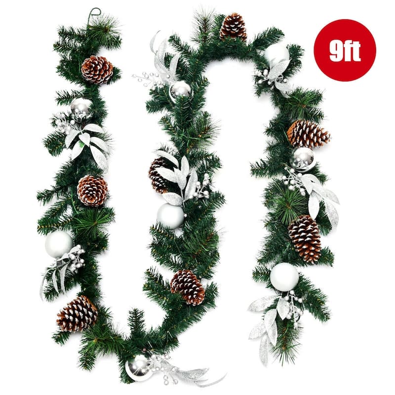 Lifelike 9ft Artificial Christmas Garland with 50 LED Lights Pine Needle Foliage and Decorative Accents