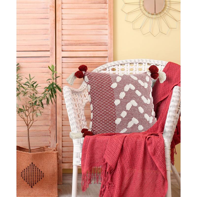 20" Red and White Zeal Pom Square Throw Pillow