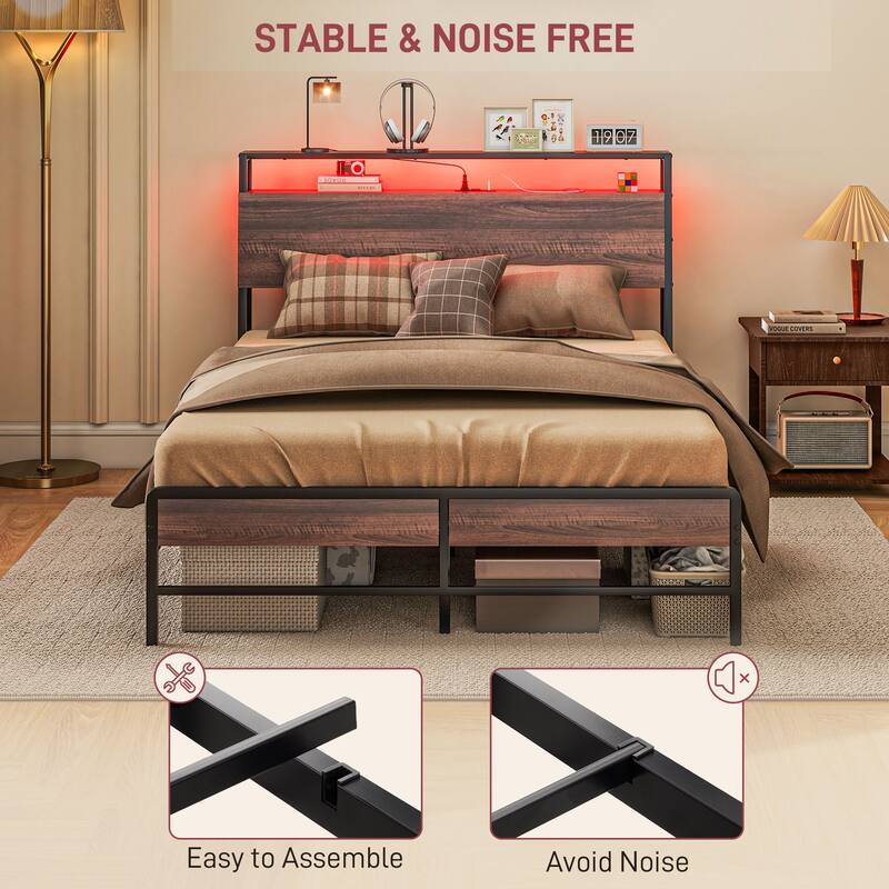 Walnut Platform Bed Frame with USB Charging and RGB LED Lights 3-Tier Storage and Noise-Reducing Mats