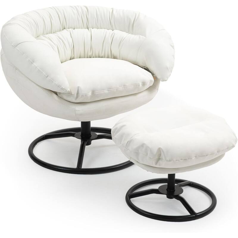 XINMICS Swivel Accent Chair with Ottoman Set, Modern Reading Chair Upholstered Armchair with Footrest - White