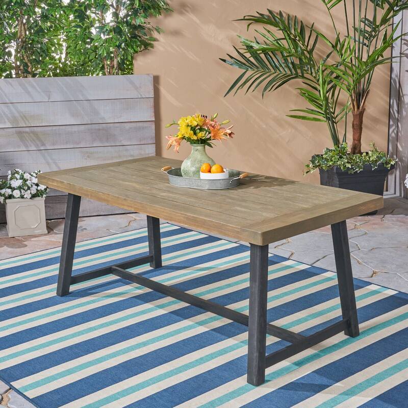 Outdoor Acacia Wood Dining Table, Sandblast Gray Finish and Black - Grey+Black