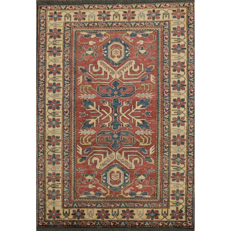 Hand Knotted Oriental 100% Wool Carpet Traditional Geometric Red Super Kazak Area Rug - 5' 10'' X 4' 0''