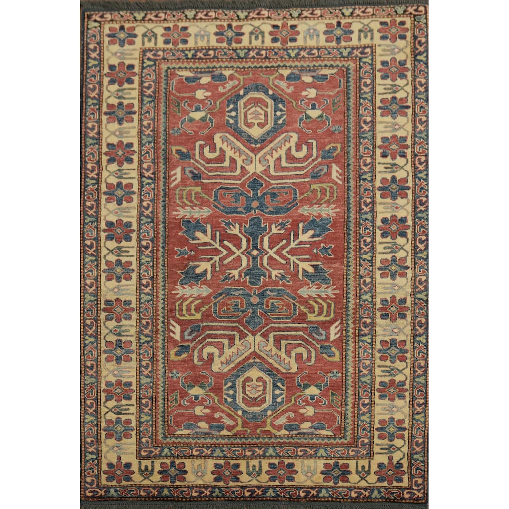 Hand Knotted Oriental 100% Wool Carpet Traditional Geometric Red Super Kazak Area Rug - 5' 10'' X 4' 0''