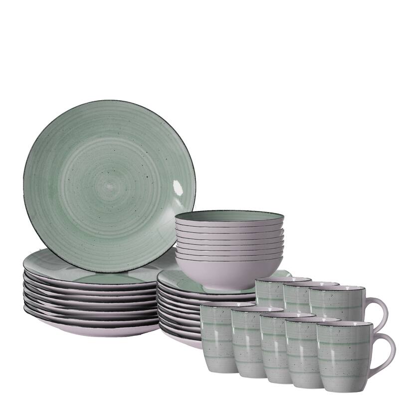 Dinewares Spin Wash Dinnerware Dish Set, Mugs, Salad and Dinner Plates and Bowls Sets, High Quality Dishes - Green - Service for 8 - 32 Piece