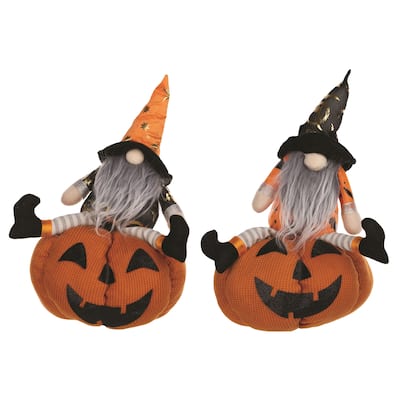 Plush Gnomes on Pumpkin Halloween Decoration - 14" - Set of 2