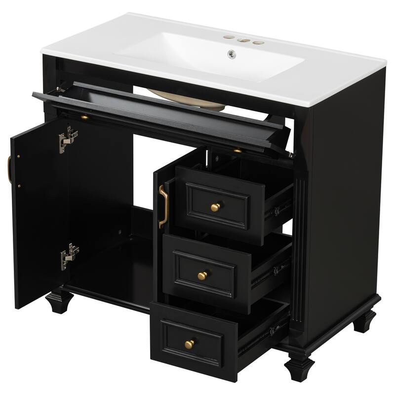 36" Bathroom Vanity with Sink, Storage Vanity Cabinet with Flip-Out Drawer, 3 Drawers, 2 Soft-Close Doors and Gold Handles