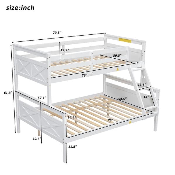 White Twin over Full Pine Wood Bunk Bed with Safety Guardrail for Bedroom