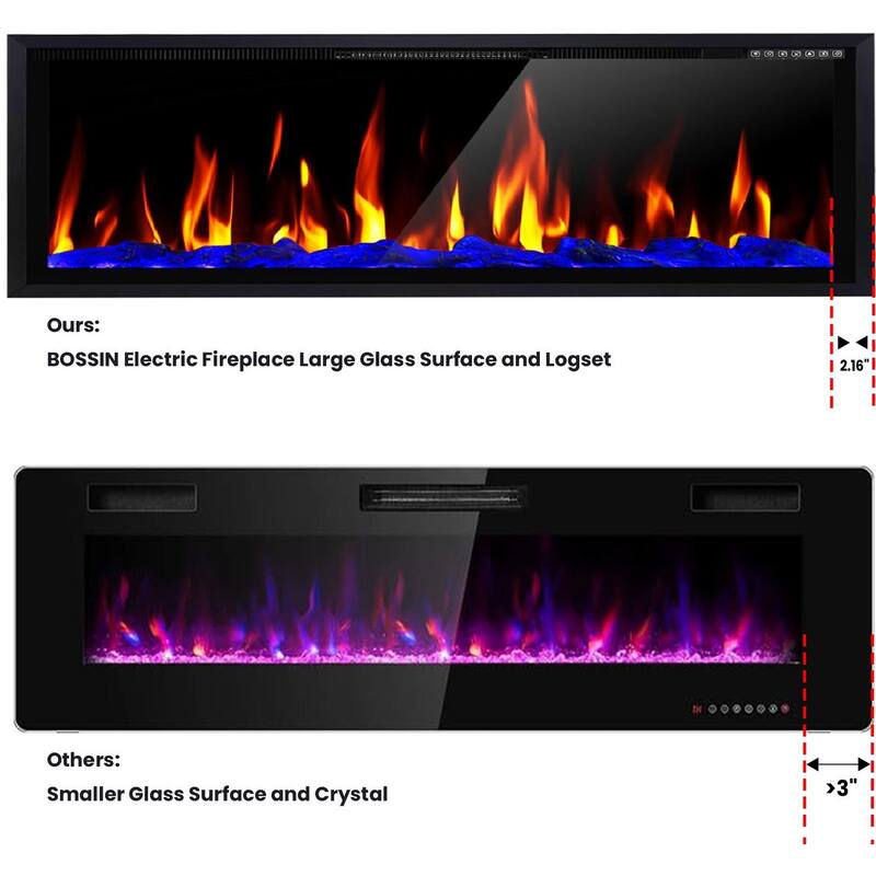BOSSIN Recessed Wall Mount Electric Fireplace - Ultra-Narrow Frame, Low Noise, Remote w/Timer, Adjustable Flame Color & Speed