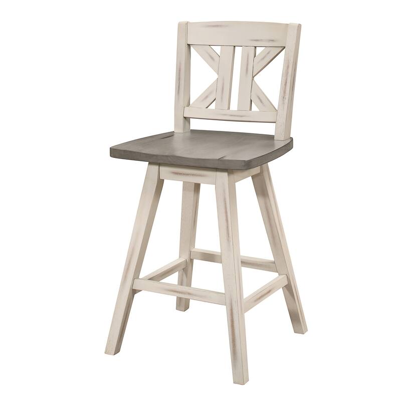 Ati 29 Inch Bar Height Stool Swivel Chairs Set of 2, Divided X Back, Gray, White