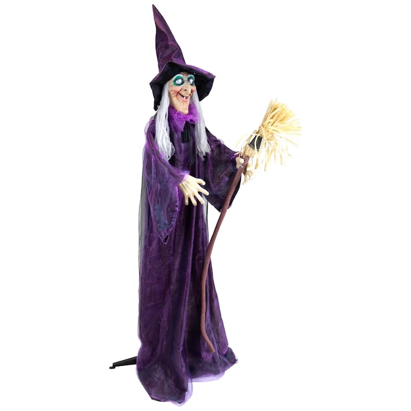 66" Animated Standing Witch and Broomstick Halloween Figure Decoration