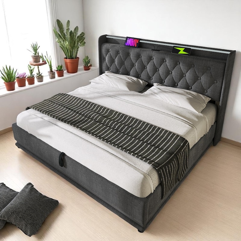 Upholstered Storage Bed with 360掳 LED, App/Remote Control, USB Charging, Twin/Full/Queen/King, Gray Linen - Grey - Full