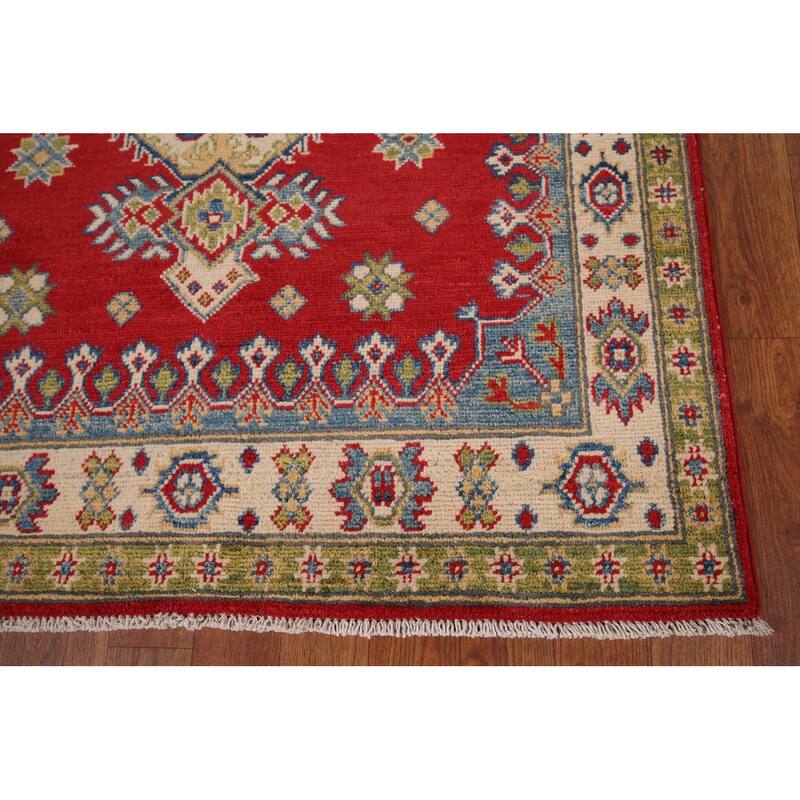 Red Geometric Kazak Accent Rug Hand-Knotted Wool Carpet - 3'5" x 4'10"