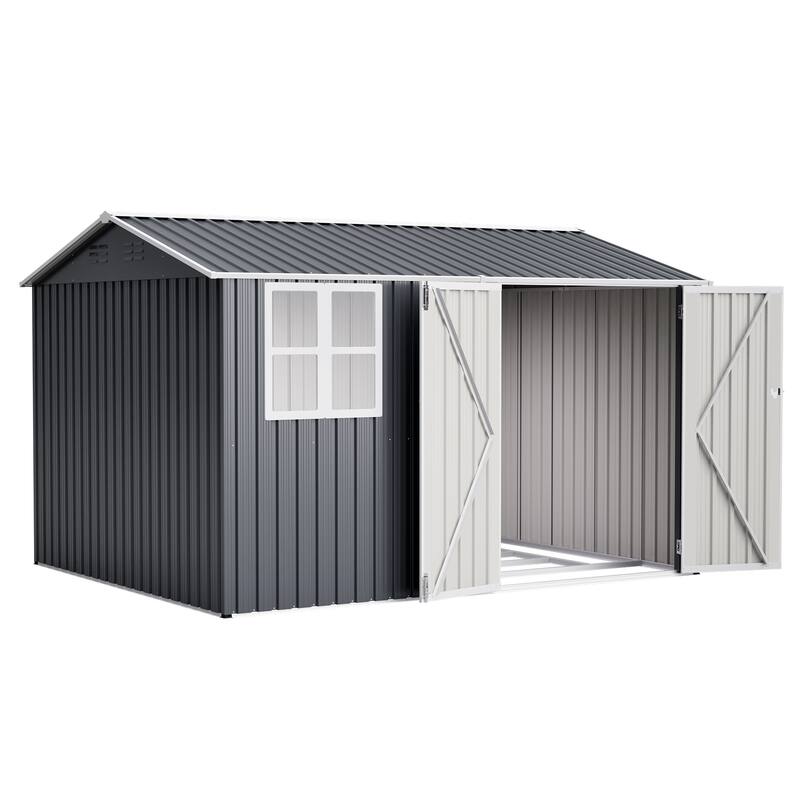 10x8 FT Weather-Resistant Steel Shed with Clear Window & Lockable Doors
