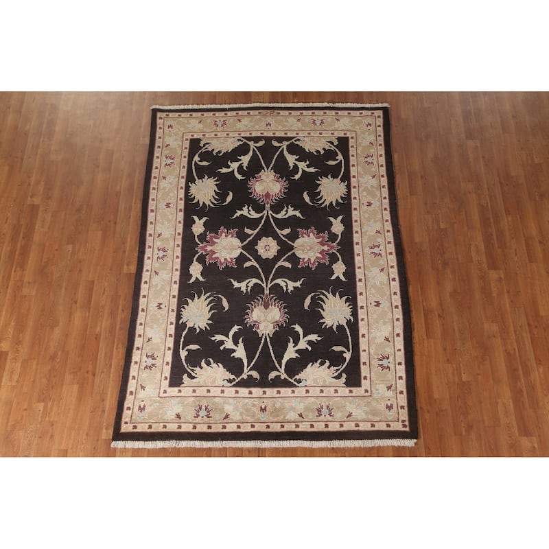 Black Floral Oushak Oriental Area Rug Hand-Knotted Wool Carpet - 5'5" x 7'9"