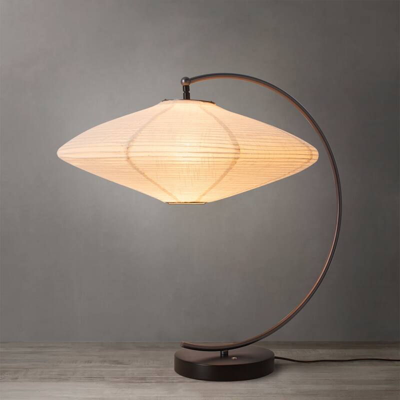 Roswell Table Lamp - Matte Black & Gunmetal Finish, Handcrafted Shinpuru-sa Linen-Cotton Shade, Black Marble Base