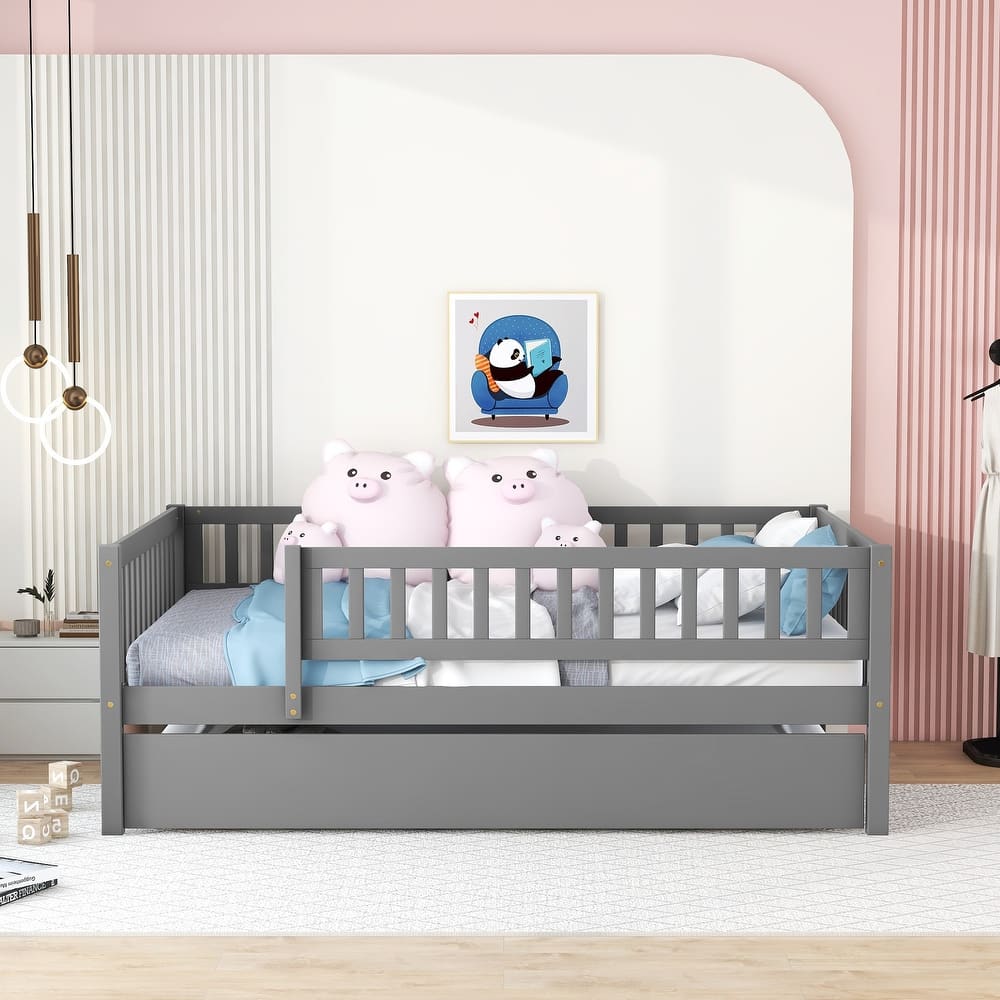 Full Size Platform Bed Wood Daybed with Trundle and Fence Guardrails